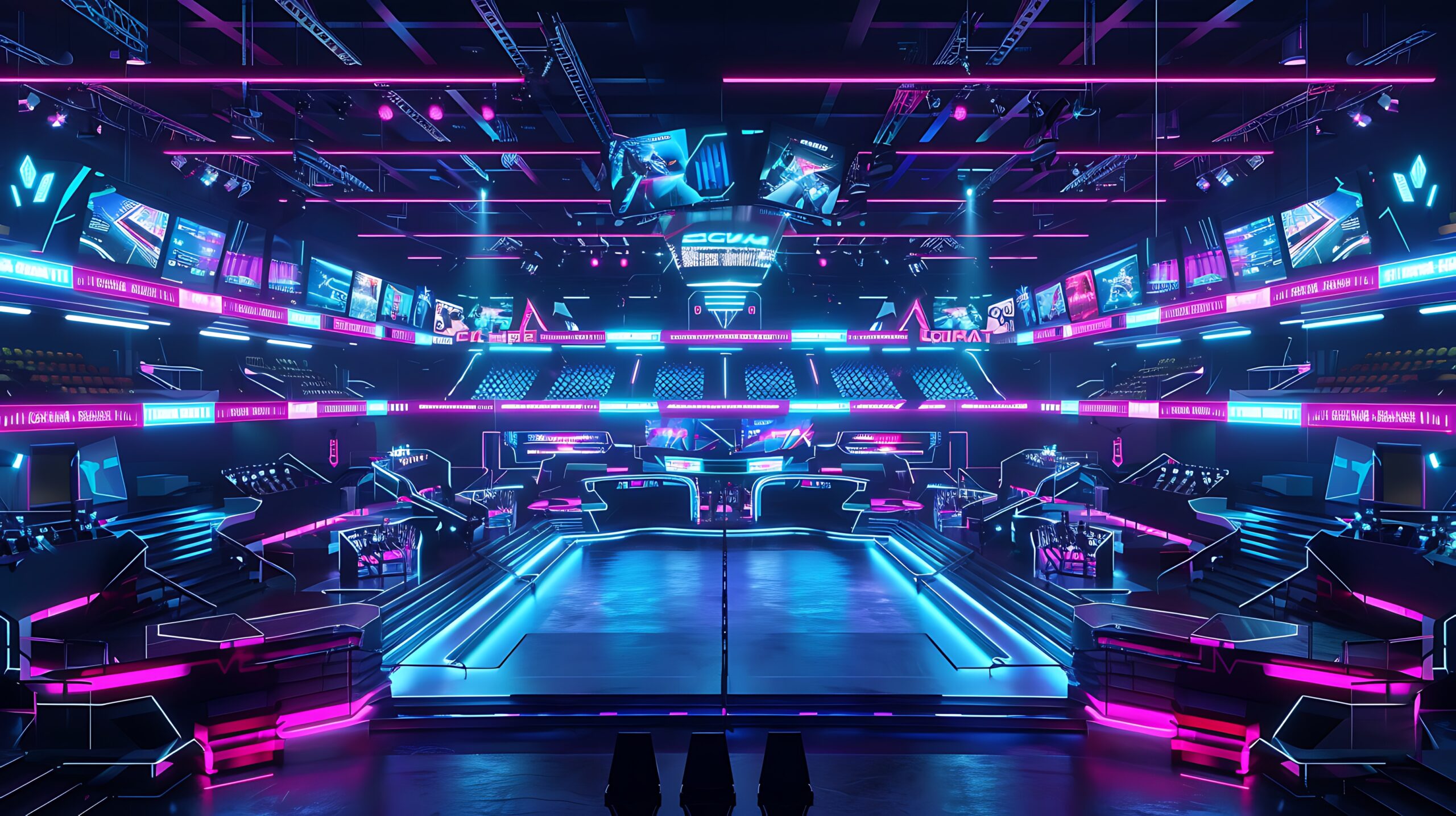 Neonbeleuchtete E-Sports-Arena mit großer Bühne, LED-Screens und futuristischem Setup für Gaming-Events.