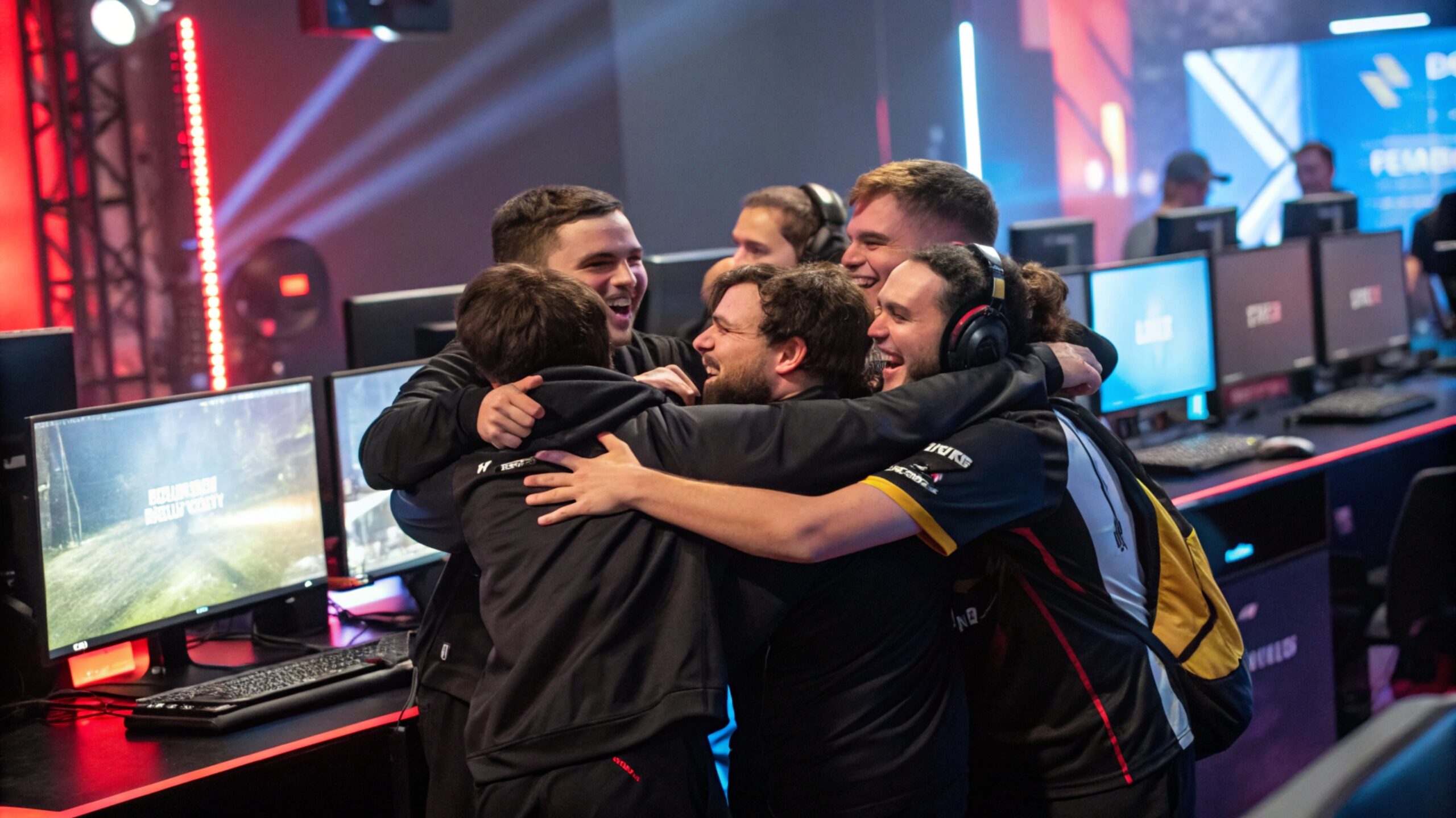 Ein E-Sports-Team steht in einer Gruppe zusammen und jubelt nach einem gewonnenen Match.