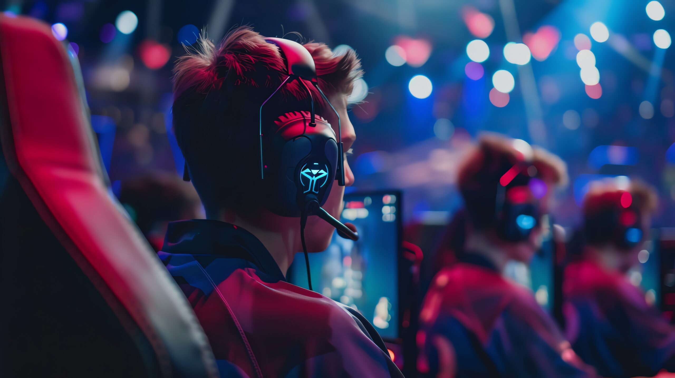 Person mit Gaming-Headset sitzt vor einem Monitor in einer neonbeleuchteten E-Sport-Arena.