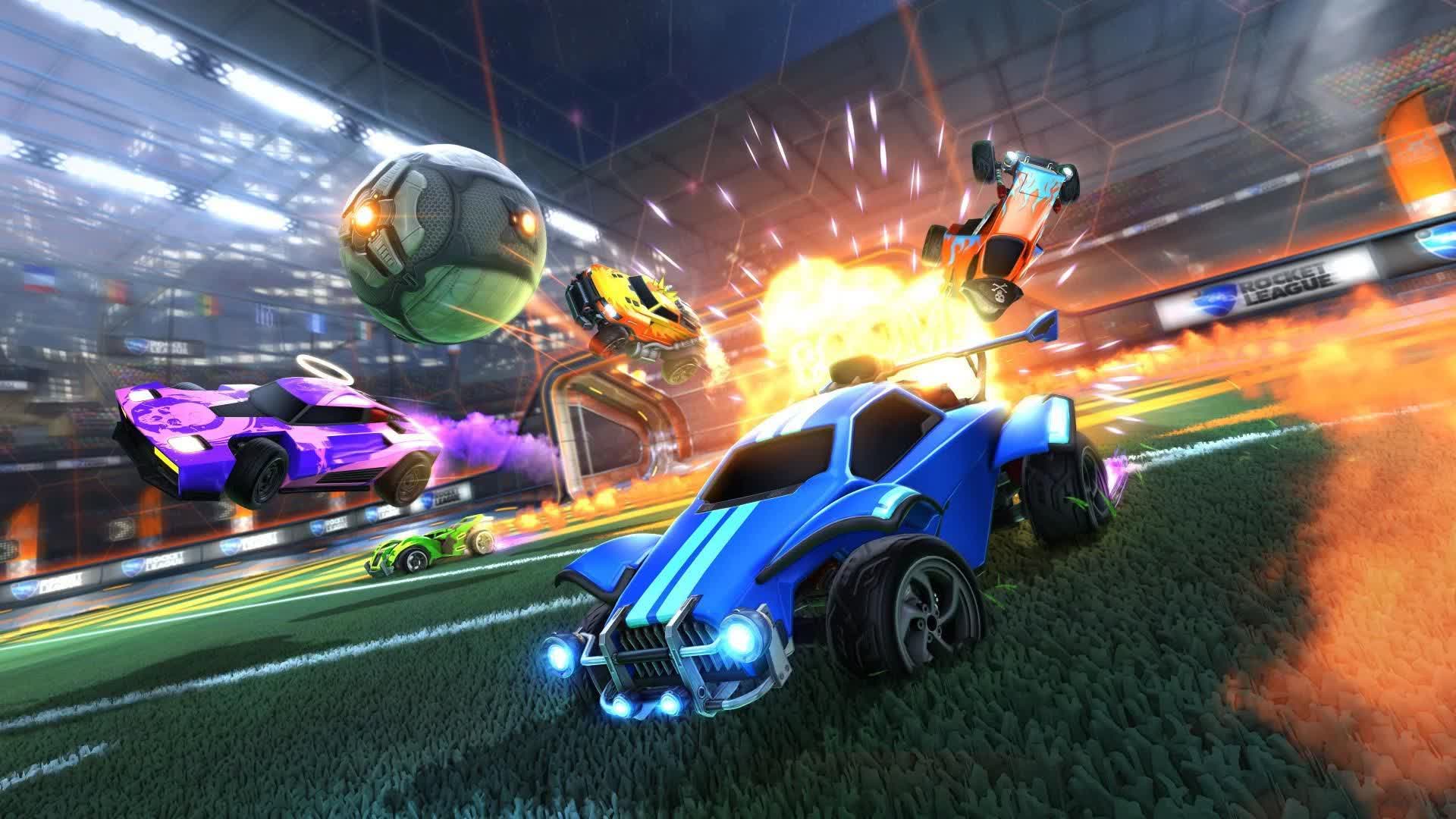 Rocket-League-Autos im Sprung während eines actionreichen Matches mit Explosion und Ballkontakt im Stadion.
