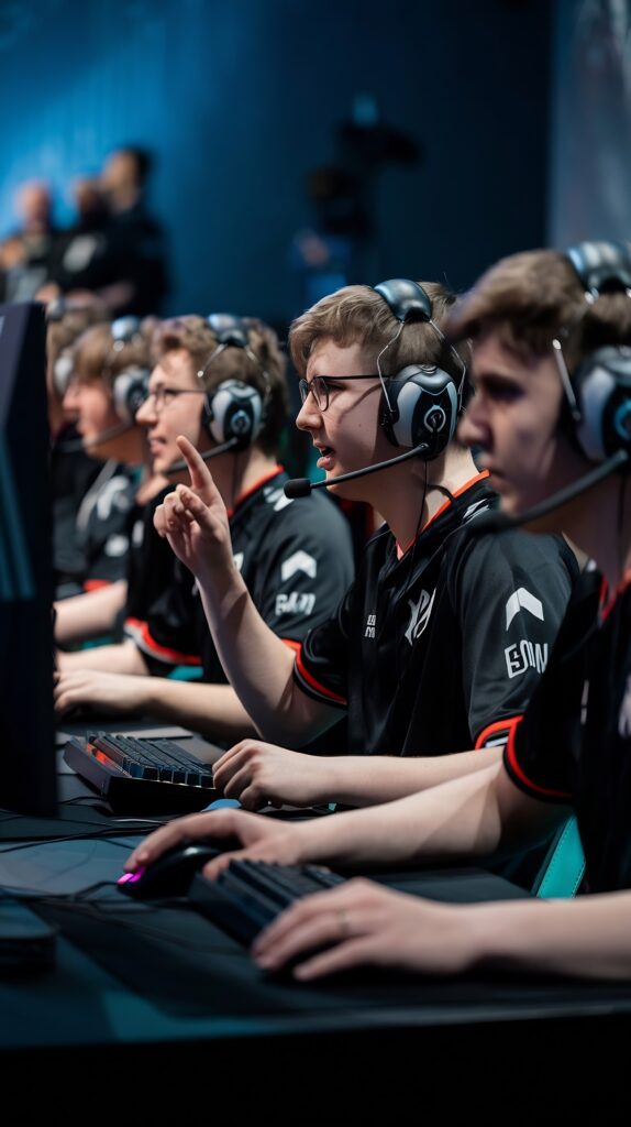 E-Sport-Team sitzt nebeneinander an PCs, trägt Headsets und kommuniziert während eines Multiplayer-Matches auf einer Bühne.