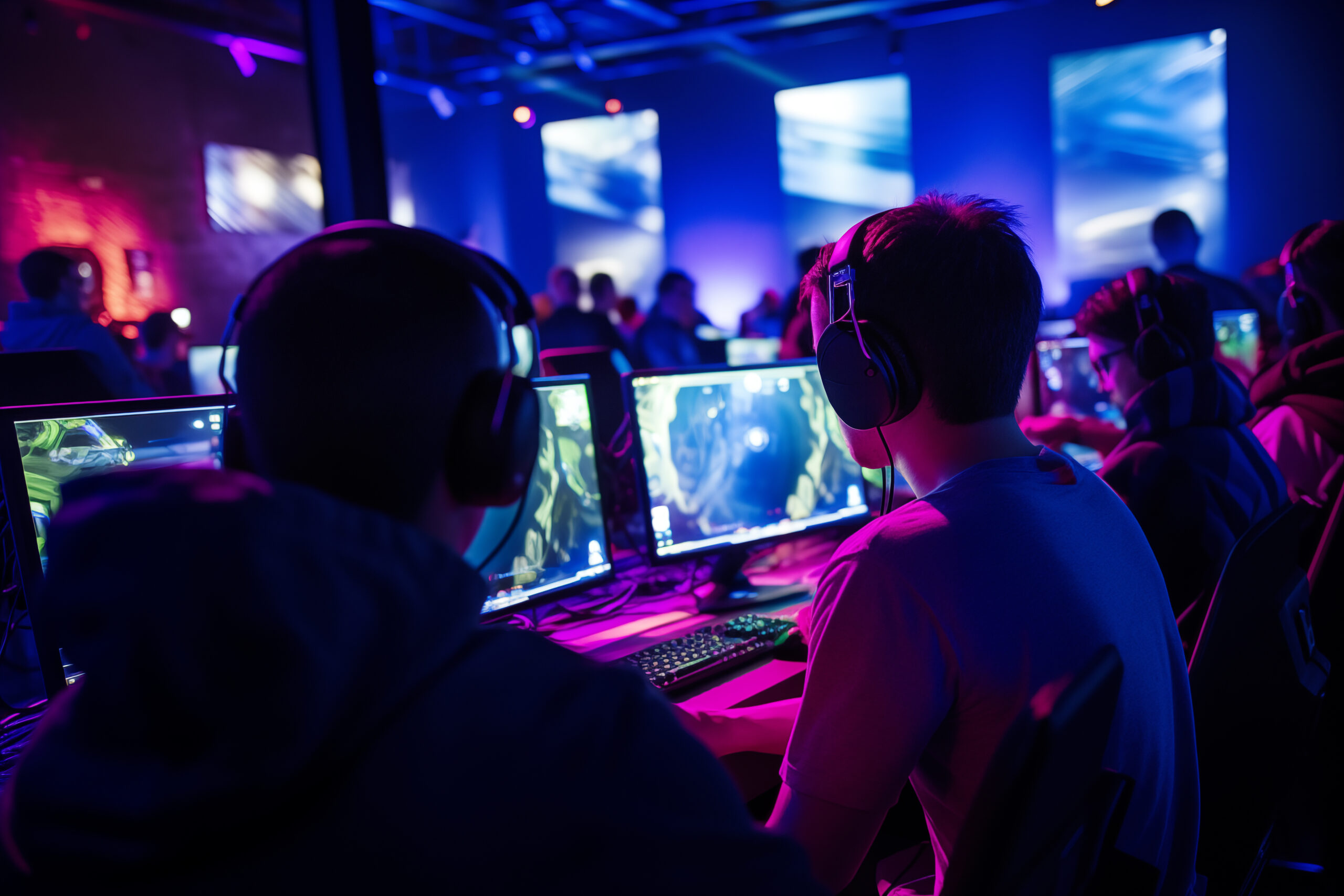 Mehrere Jugendliche sitzen mit Headsets an Gaming-PCs in einer neonbeleuchteten E-Sport-Umgebung.